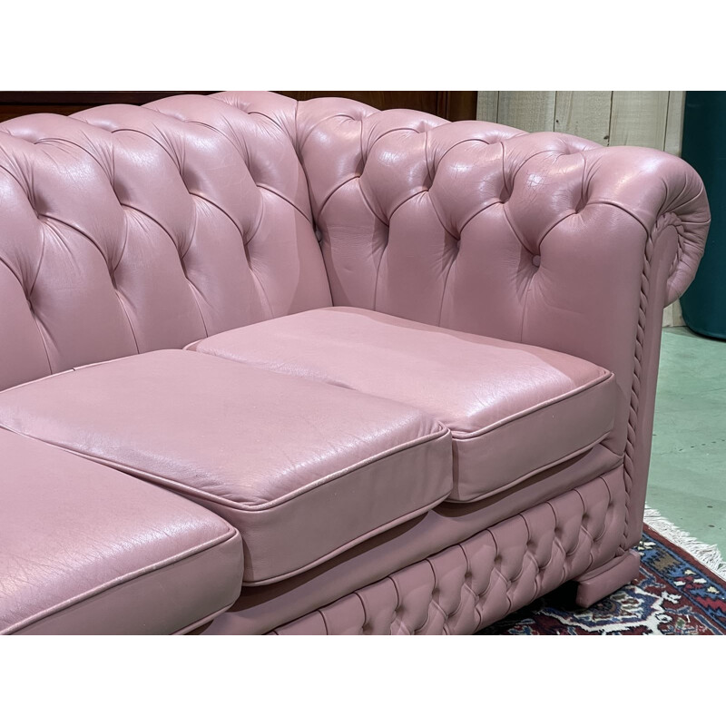 Vintage 3 seater Chesterfield sofa in light pink leather, 1990