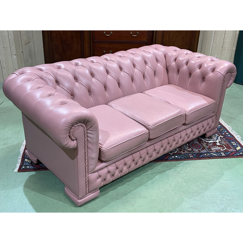 Canapé vintage Chesterfield à 3 places en cuir rose pâle, 1990