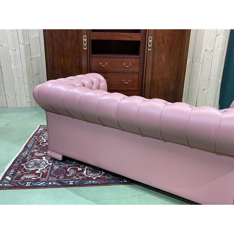 Vintage 3 seater Chesterfield sofa in light pink leather, 1990