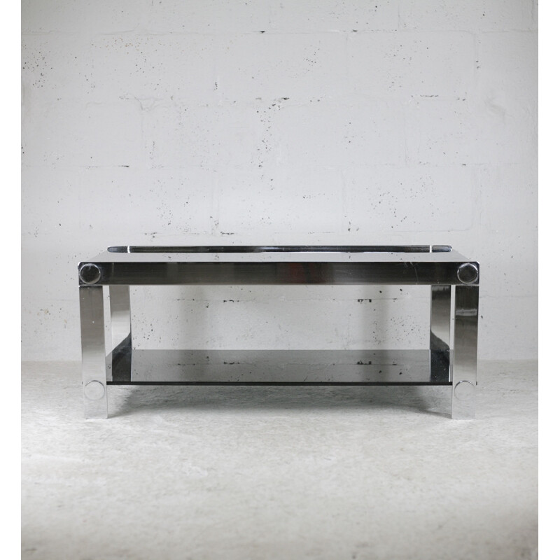 Vintage coffee table in steel and smoked glass, France 1970