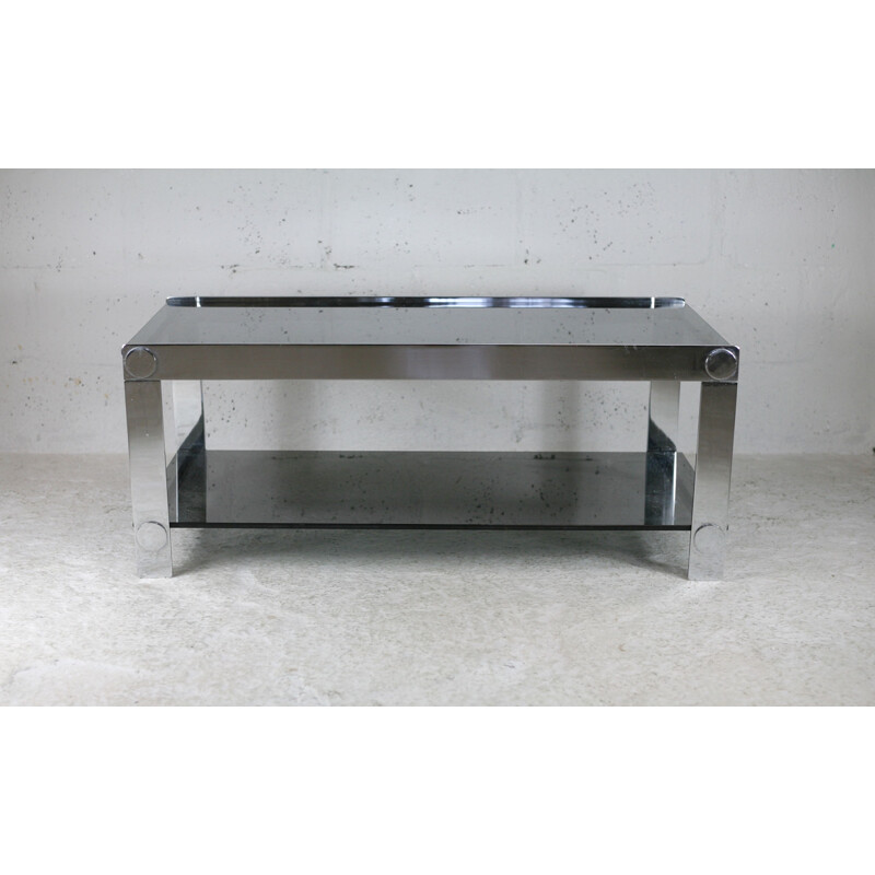 Vintage coffee table in steel and smoked glass, France 1970