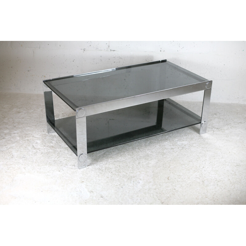 Vintage coffee table in steel and smoked glass, France 1970