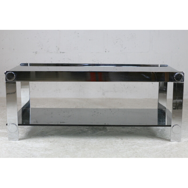 Vintage coffee table in steel and smoked glass, France 1970