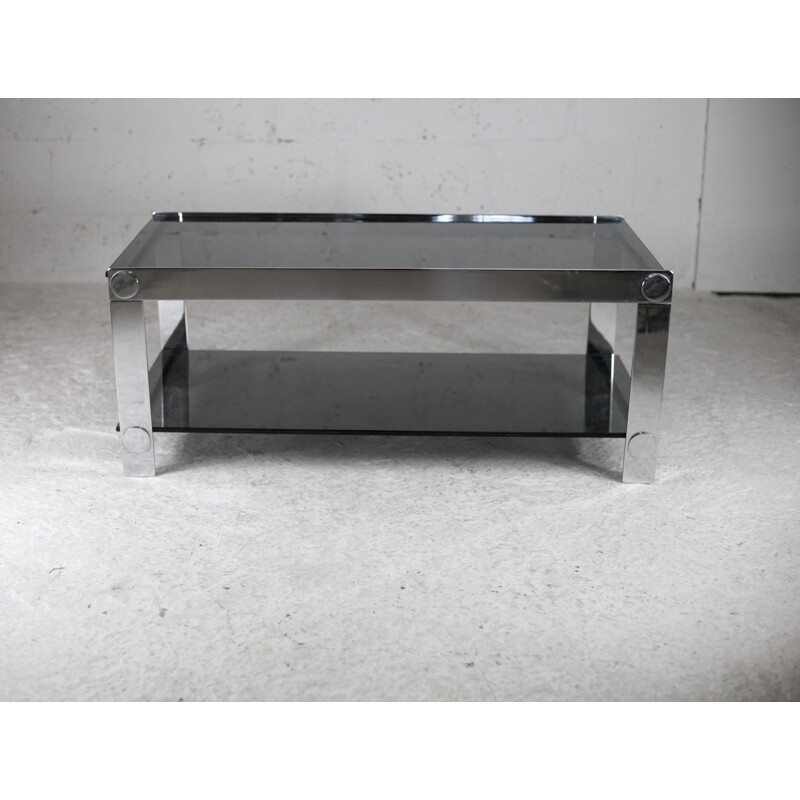 Vintage coffee table in steel and smoked glass, France 1970