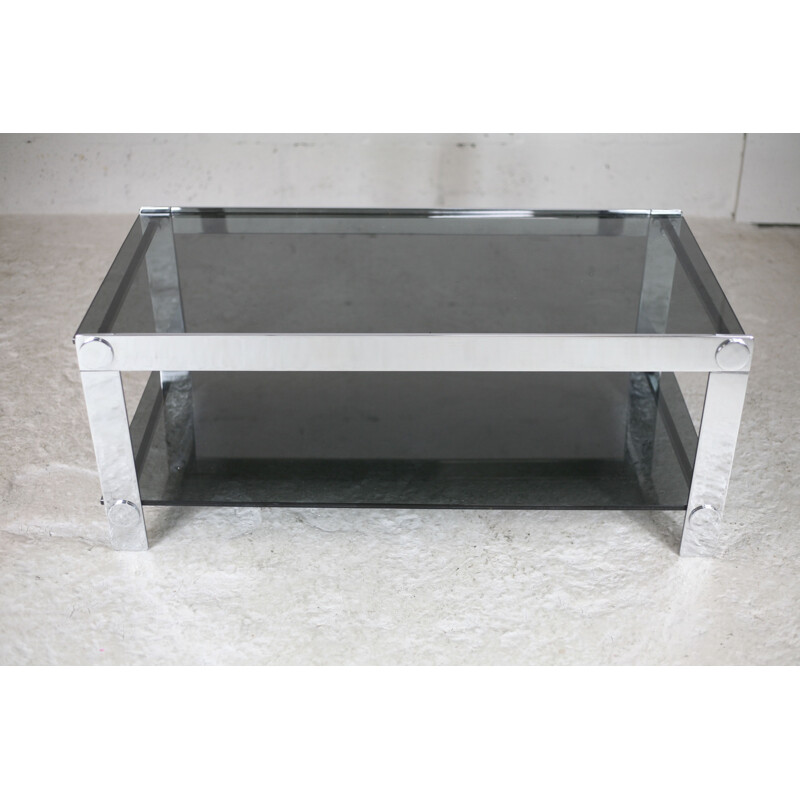 Vintage coffee table in steel and smoked glass, France 1970