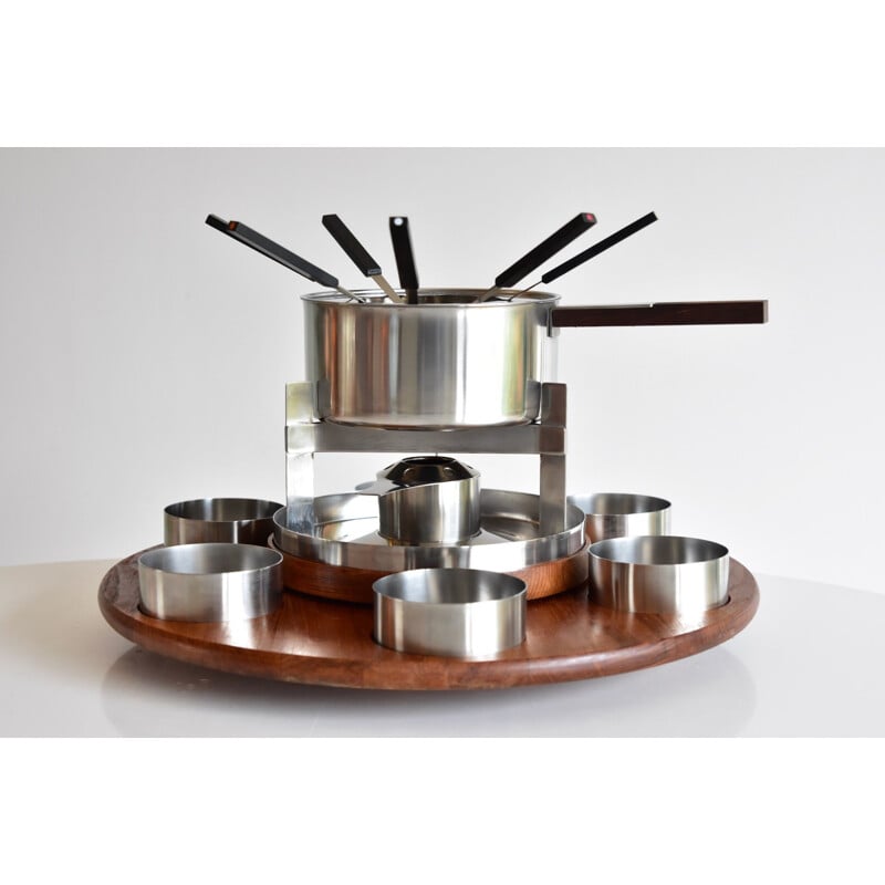 Vintage steel and teak fondue set by Peter Holmblad for Stelton, Denmark