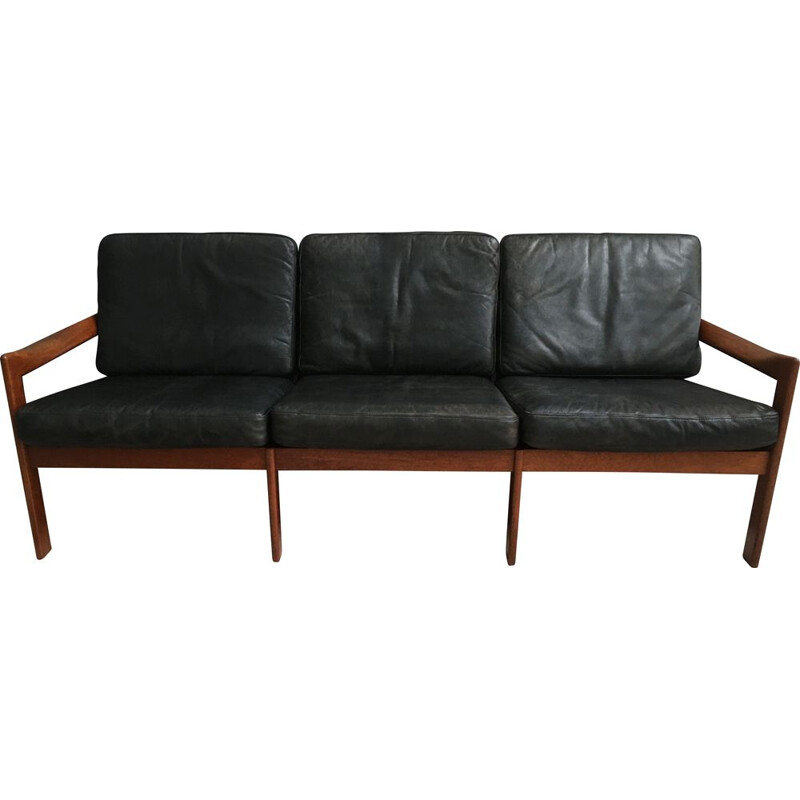 Leather and teak vintage 3 seater sofa by iIlum Wikkelso for Niels Eilersen, Denmark 1960s