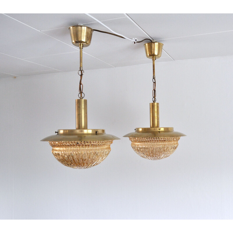 Pair of vintage glass and brass chandeliers by Vitrika, Denmark