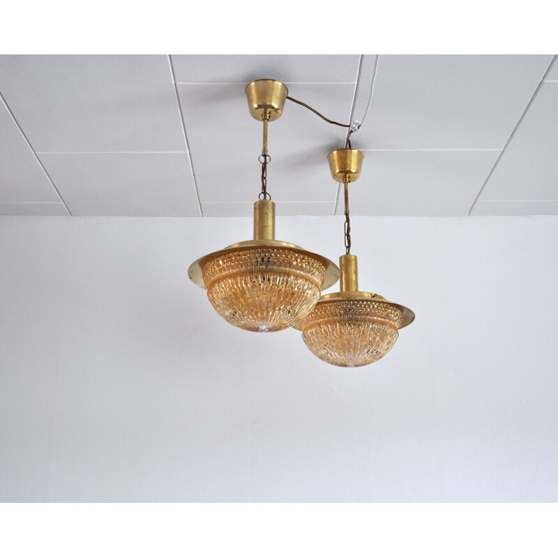 Pair of vintage glass and brass chandeliers by Vitrika, Denmark