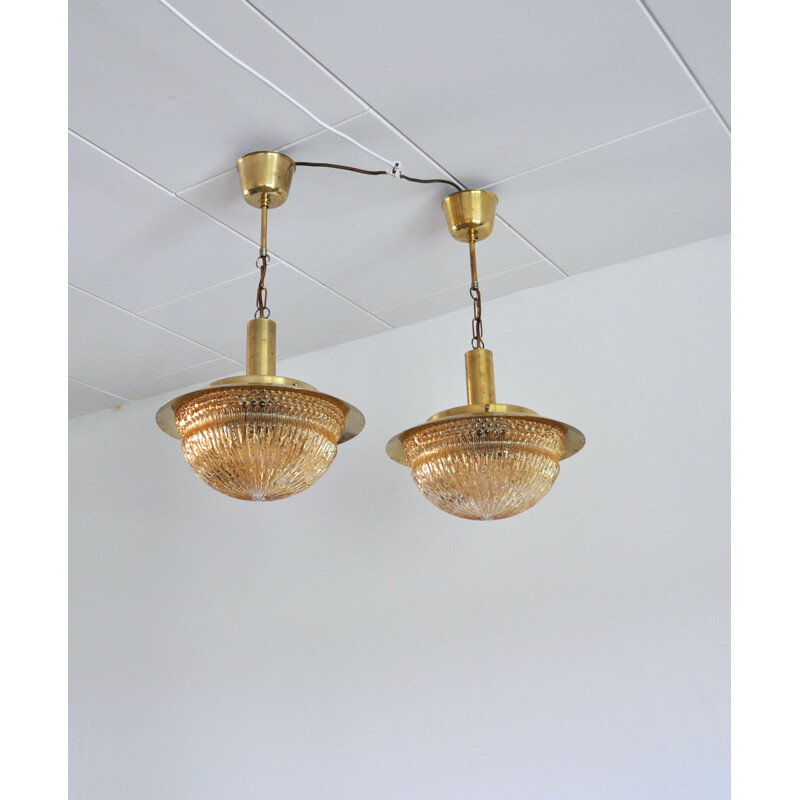 Pair of vintage glass and brass chandeliers by Vitrika, Denmark