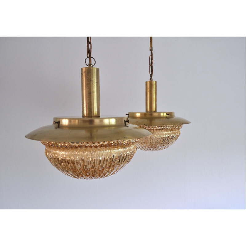 Pair of vintage glass and brass chandeliers by Vitrika, Denmark