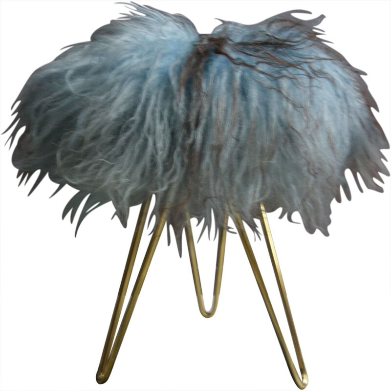 Vintage blue goat hair fluffy stool on hairpin legs, 1960s