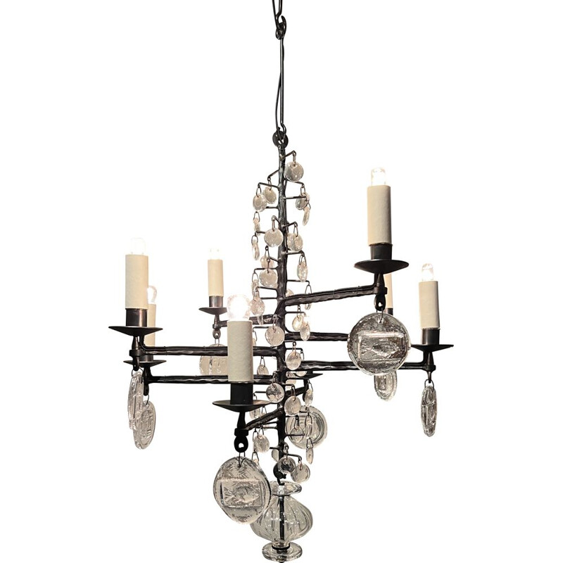 Vintage 8-arm chandelier by Erik Hoglund, Sweden 1970