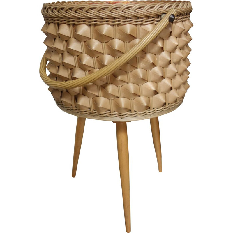Vintage wicker sewing basket on three legs, 1960s