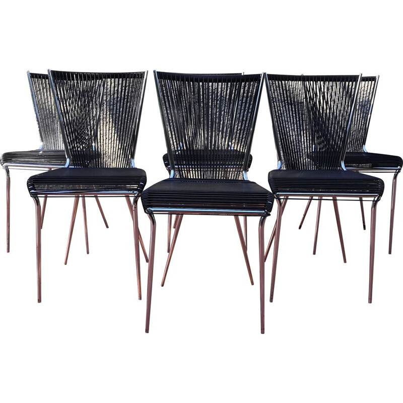 Conjunto de 6 cadeiras scoubidou vintage por André Monpoix, 1960
