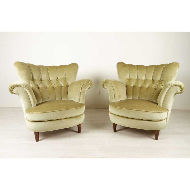 Pair of vintage Danish velvet wingback armchairs, 1940s