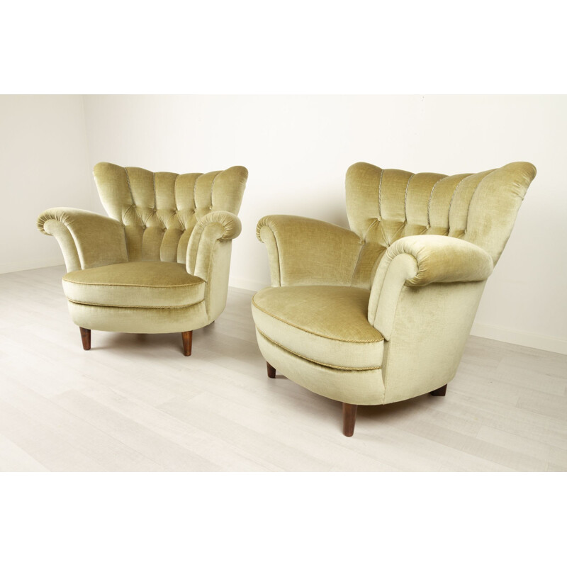 Pair of vintage Danish velvet wingback armchairs, 1940s