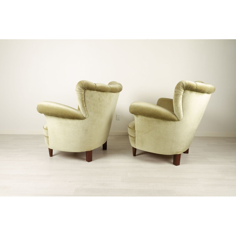 Pair of vintage Danish velvet wingback armchairs, 1940s