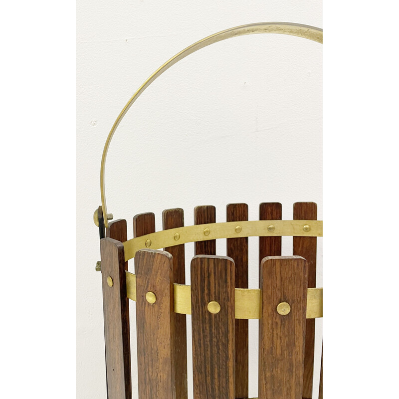 Vintage umbrella stand in wood and brass, Italy 1950