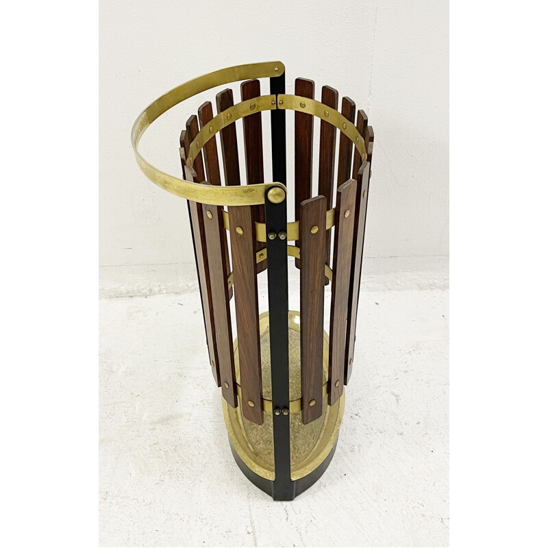 Vintage umbrella stand in wood and brass, Italy 1950