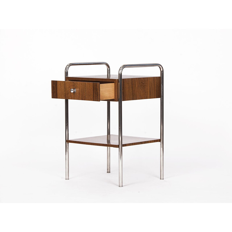 Pair of Art Deco vintage veneered walnut tubular steel side tables by Slezak, Czechoslovakia 1930s