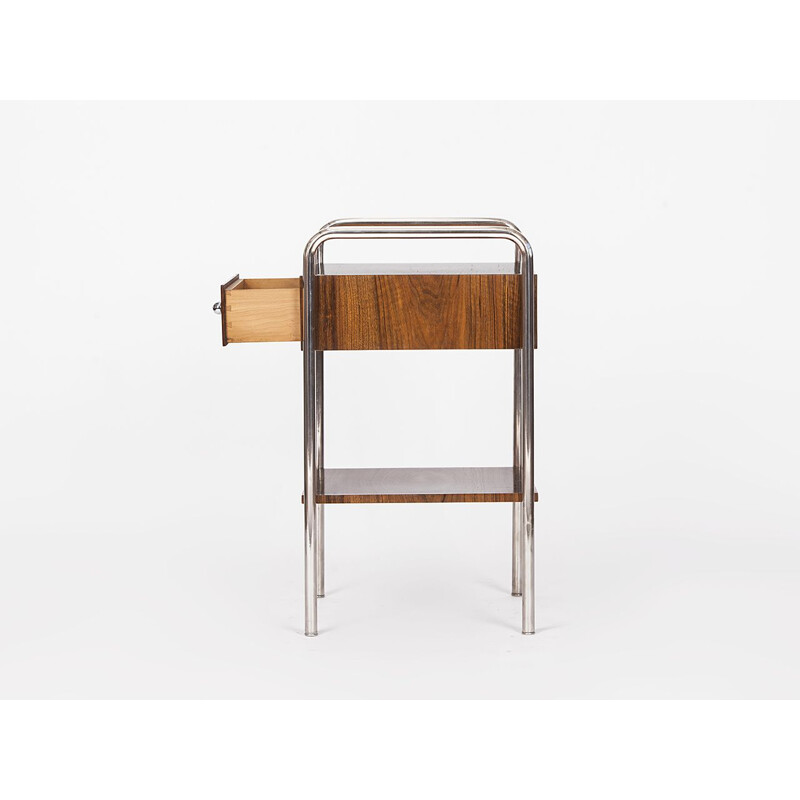 Pair of Art Deco vintage veneered walnut tubular steel side tables by Slezak, Czechoslovakia 1930s