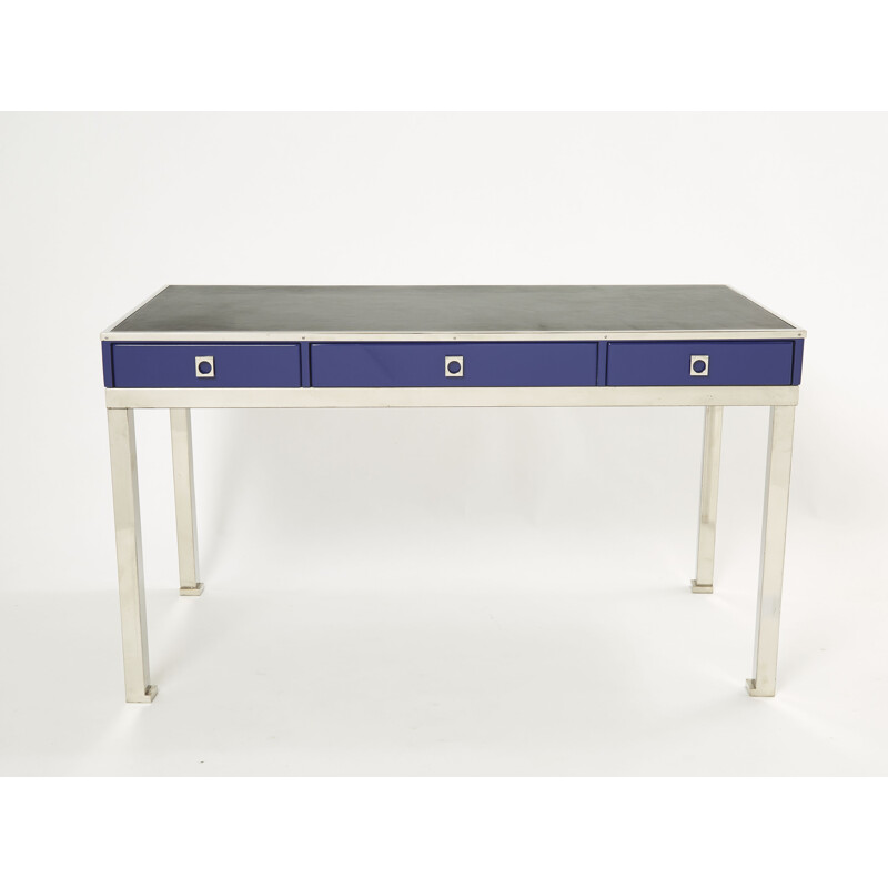 Vintage desk in blue lacquered steel and leather by Guy Lefevre for Maison Jansen, 1970