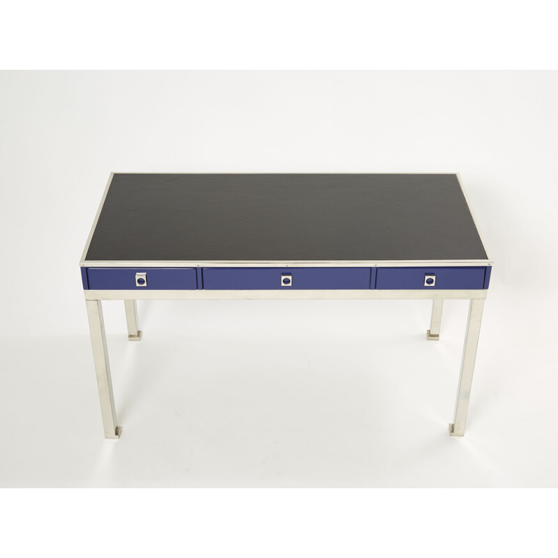 Vintage desk in blue lacquered steel and leather by Guy Lefevre for Maison Jansen, 1970