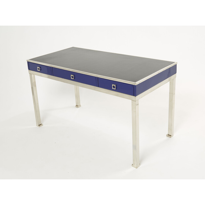 Vintage desk in blue lacquered steel and leather by Guy Lefevre for Maison Jansen, 1970