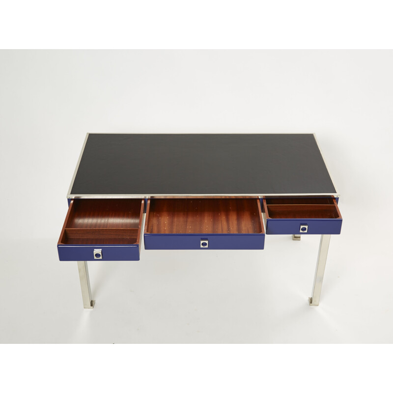 Vintage desk in blue lacquered steel and leather by Guy Lefevre for Maison Jansen, 1970