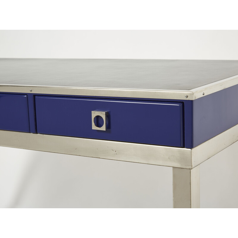 Vintage desk in blue lacquered steel and leather by Guy Lefevre for Maison Jansen, 1970