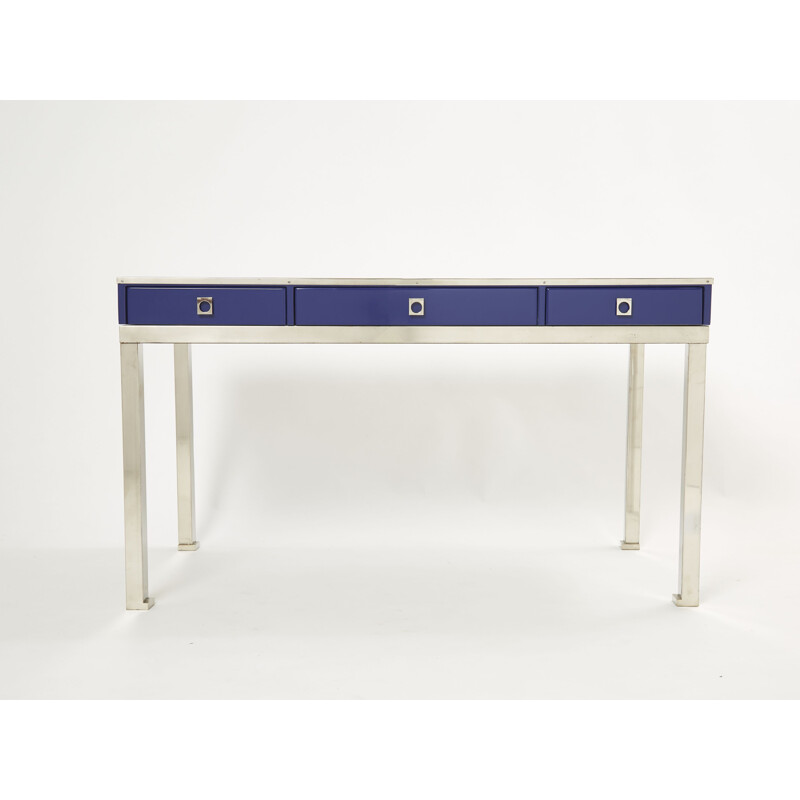 Vintage desk in blue lacquered steel and leather by Guy Lefevre for Maison Jansen, 1970