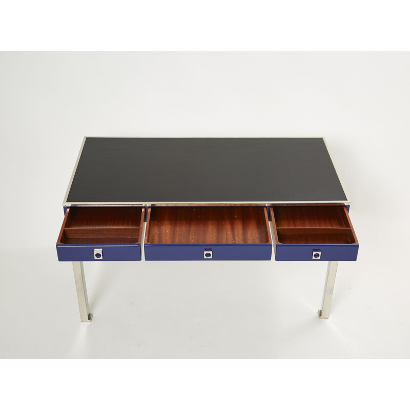 Vintage desk in blue lacquered steel and leather by Guy Lefevre for Maison Jansen, 1970