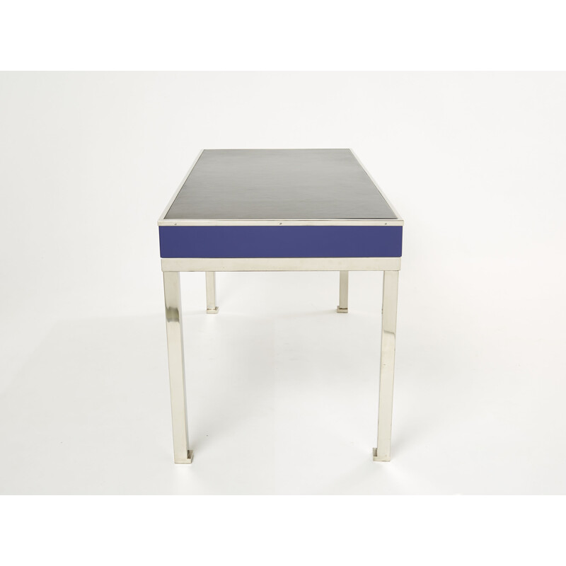 Vintage desk in blue lacquered steel and leather by Guy Lefevre for Maison Jansen, 1970