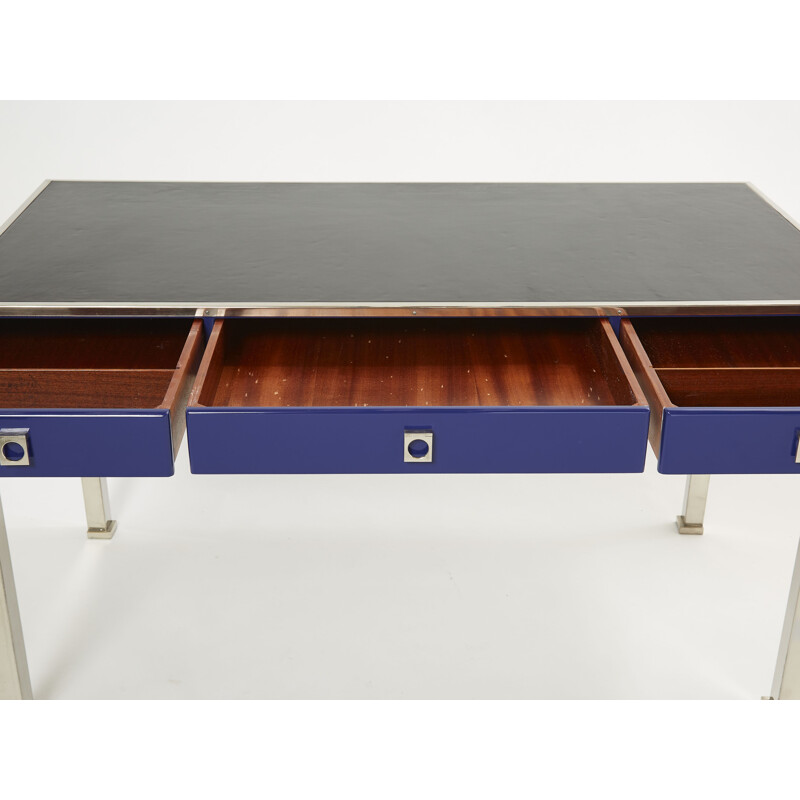 Vintage desk in blue lacquered steel and leather by Guy Lefevre for Maison Jansen, 1970