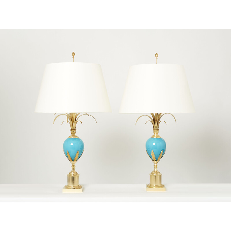 Paar vintage blauwe opaline messing lampen van Maison Charles, 1970