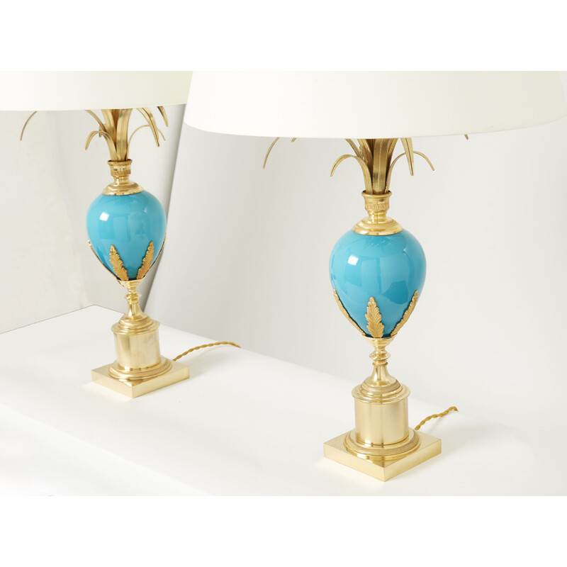Paar vintage blauwe opaline messing lampen van Maison Charles, 1970