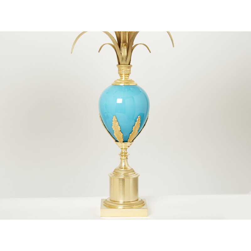 Paar vintage blauwe opaline messing lampen van Maison Charles, 1970