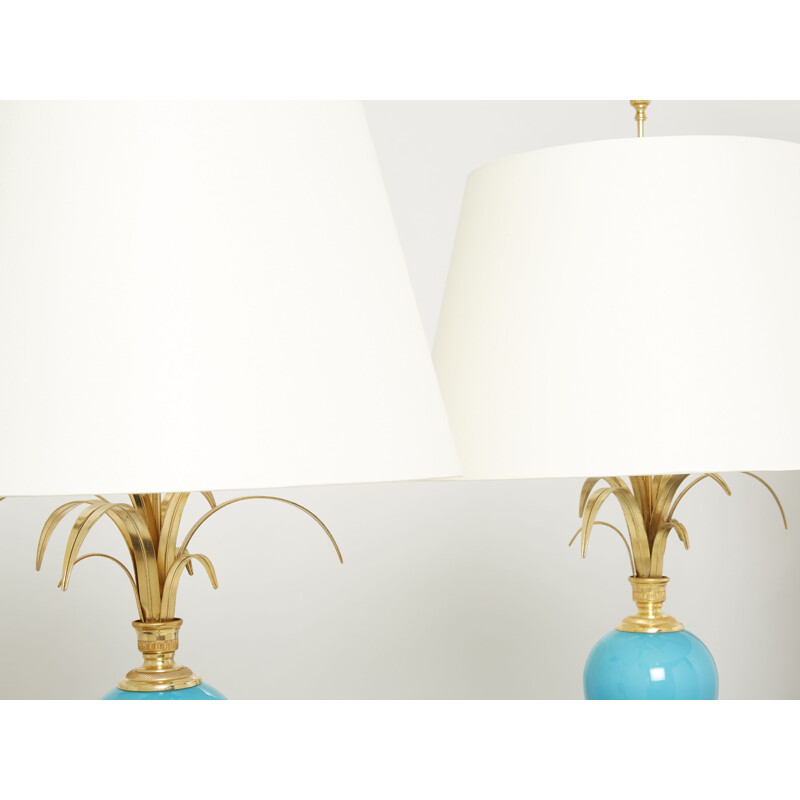 Paar vintage blauwe opaline messing lampen van Maison Charles, 1970