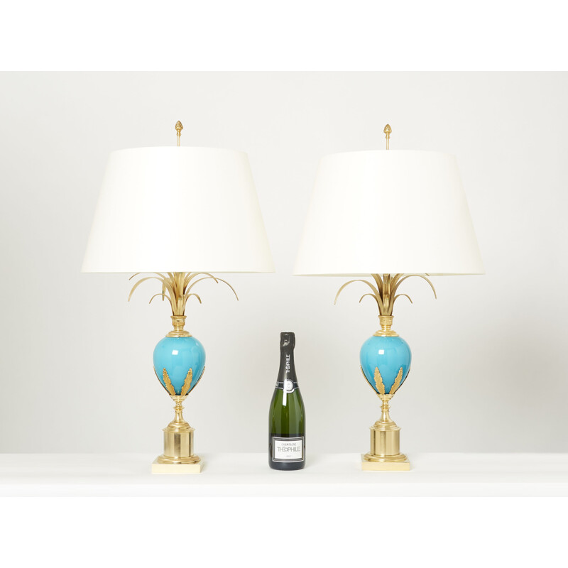 Paar vintage blauwe opaline messing lampen van Maison Charles, 1970