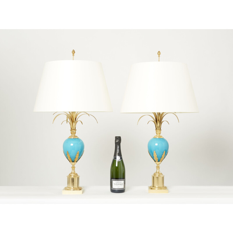 Pair of vintage blue opaline brass lamps by Maison Charles, 1970