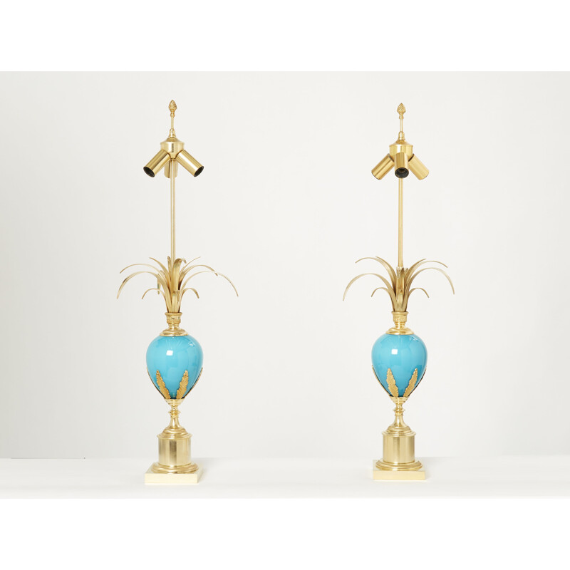 Pair of vintage blue opaline brass lamps by Maison Charles, 1970