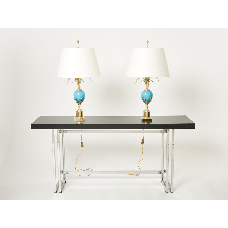 Coppia di lampade vintage in ottone opalino blu di Maison Charles, 1970