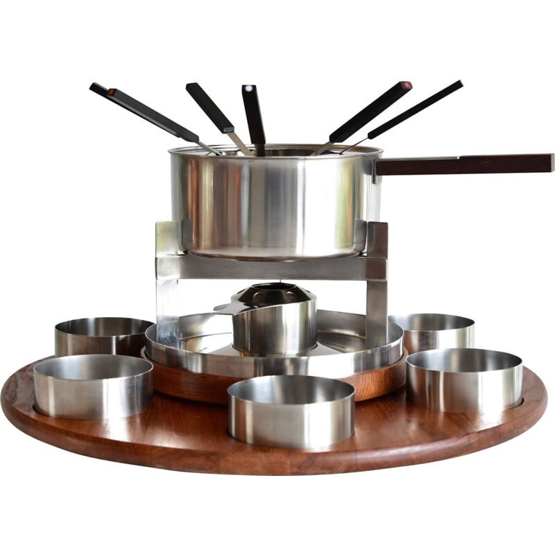 Vintage steel and teak fondue set by Peter Holmblad for Stelton, Denmark