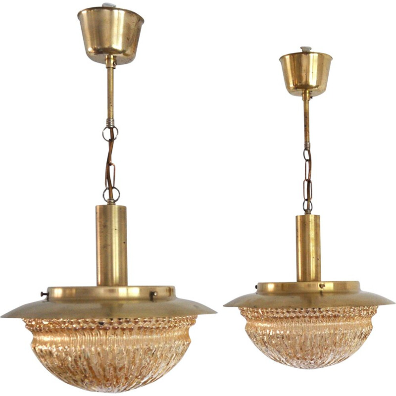 Pair of vintage glass and brass chandeliers by Vitrika, Denmark