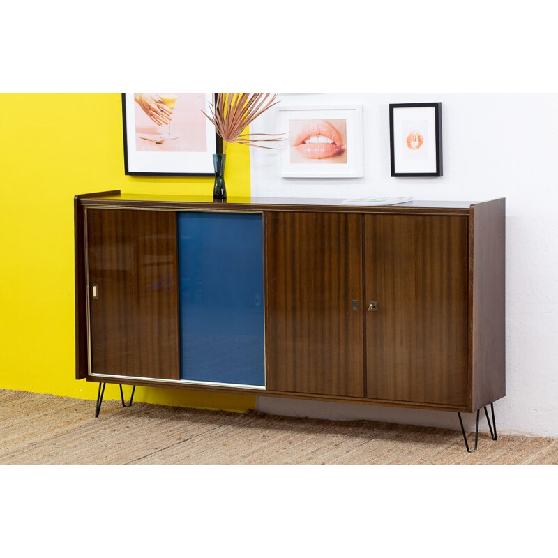 Scandinavian vintage brown and blue wood sideboard, 1960