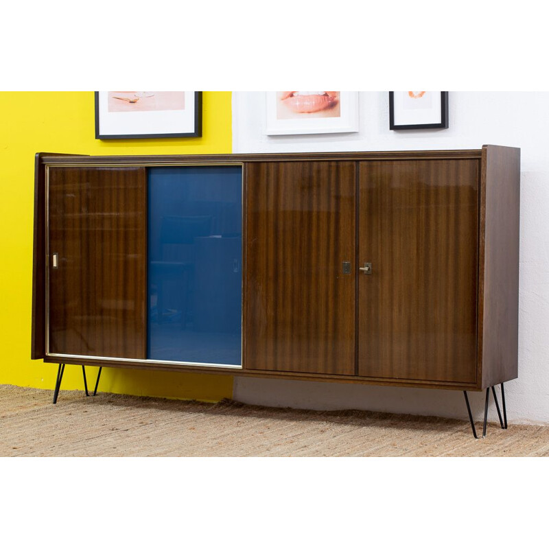 Scandinavian vintage brown and blue wood sideboard, 1960