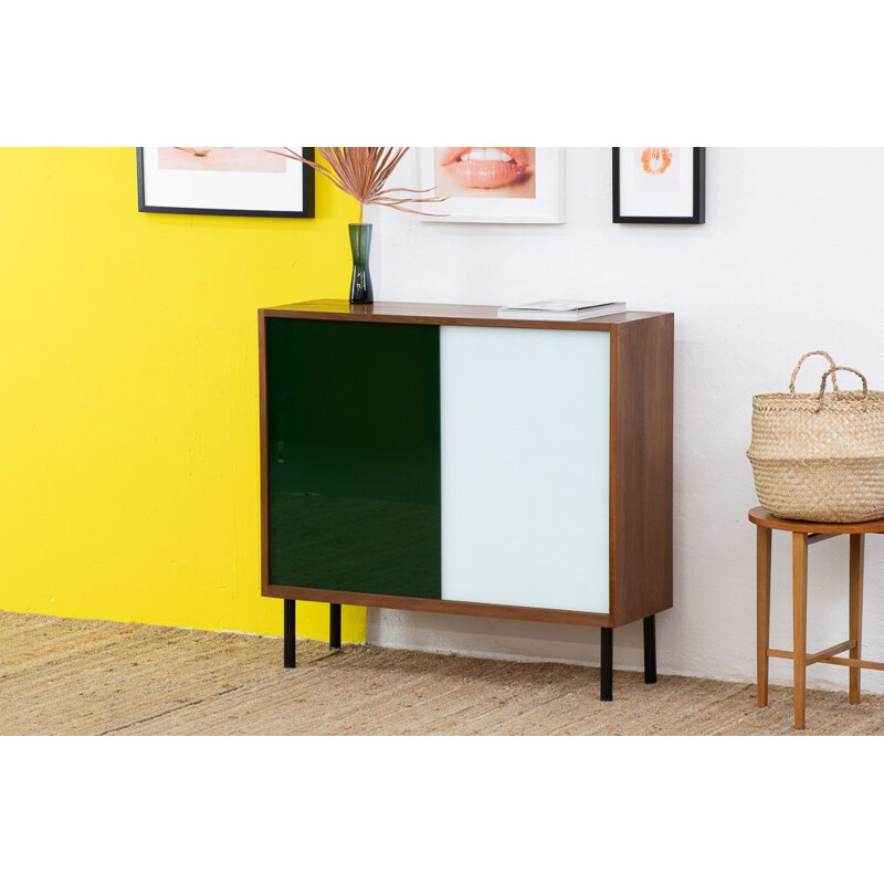 Scandinavian vintage sideboard with two green and white sliding doors, 1960