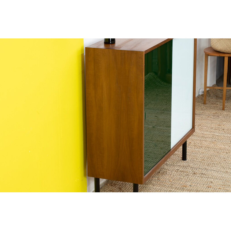 Scandinavian vintage sideboard with two green and white sliding doors, 1960