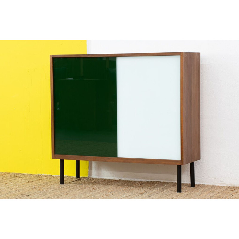 Scandinavian vintage sideboard with two green and white sliding doors, 1960